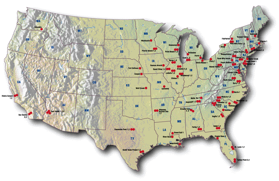 Map Of United States. US Nuclear Map. Map of Nuclear
